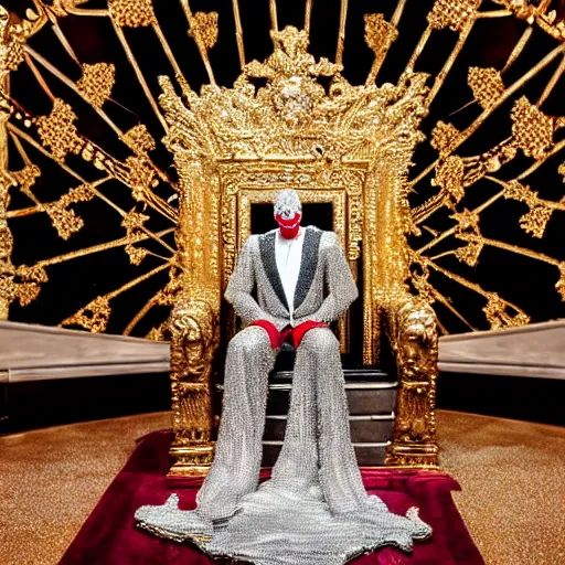 Image similar to shining throne made of millions of diamonds, gold and zaphires with thousands of light reflections, and a clown on a tuxedo suit is sitting on the throne while handing a golden balloon, dramatic light