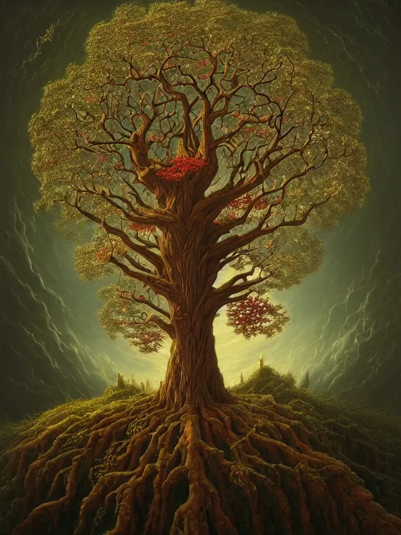 Image similar to A beautiful painting of a detailed fantasy tree with a heart carved in the trunk by Benoit B. Mandelbrot, Steven Belledin, Martin Johnson Heade, Lee Madgwick, Caspar David Friedrich, and David Rios Ferreira, 8k resolution deviantart trending on Artstation concept art digital illustration