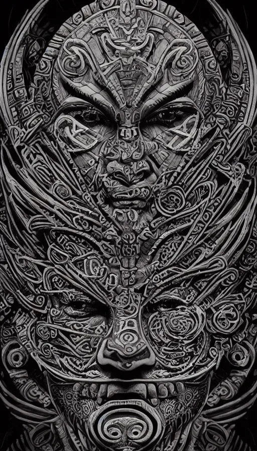 Prompt: ancient aztec fantasy face tattoo pattern concept, teonanacatl glyph, intricate artwork by, Alex Grey, Artgerm, very coherent artwork, cinematic, hyper realism, high detail, octane render, unreal engine, 8k, High contrast, higly detailed black ink outline