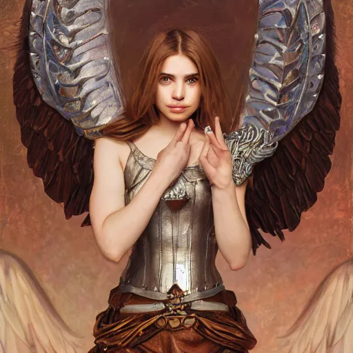 Image similar to portrait of young aasimar angel girl maiden wearing comfy leather armor with beautiful feathered angel wings, cute face, brown eyes, Alison Williams, Emma Roberts, by artgerm and greg rutkowski and alphonse mucha and andrei riabovitchev, 4k oil on linen, vivid colors, colorful, photorealistic, high dynamic range, HDR, intricate, elegant, highly detailed, digital painting, artstation, concept art, smooth, sharp focus, illustration, mid-shot, medium shot, hyperdetailed