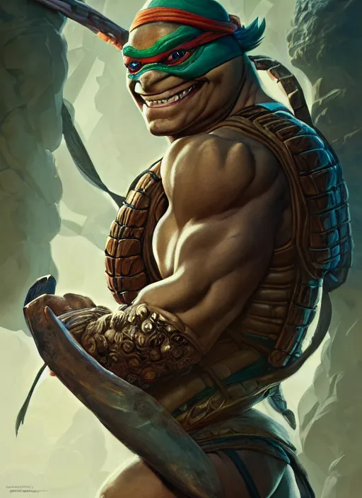 Image similar to Portrait of ninja turtle, D&D, muscular, fantasy, intricate, elegant, highly detailed, digital painting, artstation, concept art, smooth, sharp focus, illustration, art by artgerm and greg rutkowski and alphonse mucha