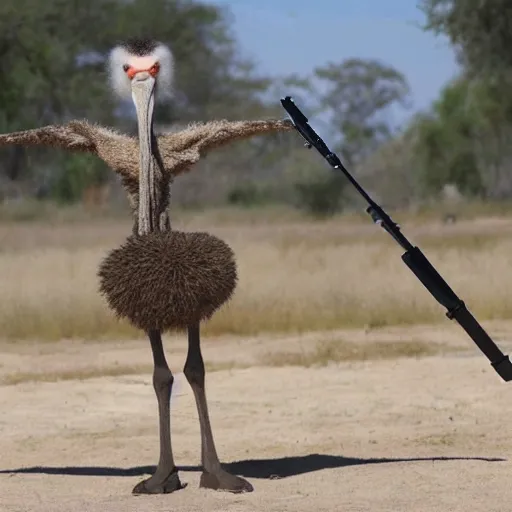 Prompt: an ostrich with muscular human arms holding a laser rifle.