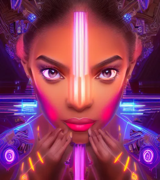 Image similar to symmetry!! latina princess of technology, solid cube of light, hard edges, product render retro - futuristic poster scifi, lasers and neon circuits, beautiful brown skin woman latina princess, intricate, elegant, highly detailed, digital painting, artstation, concept art, smooth, sharp focus, illustration, dreamlike, art by artgerm