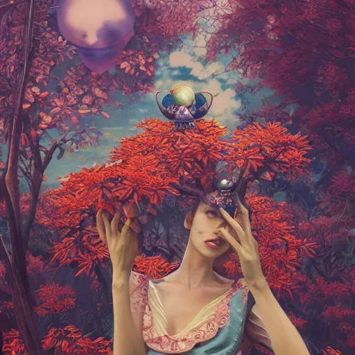 Image similar to pretty model with orchards and clouds : : by martine johanna and simon stalenhag and chie yoshii and casey weldon and wlop : : ornate, dynamic, particulate, rich colors, intricate, elegant, highly detailed, vogue, harper's bazaar art, fashion magazine, smooth, sharp focus, 8 k, octane render