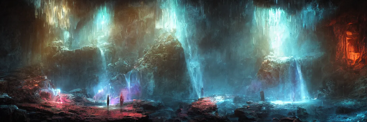 Image similar to oil painting, dungeon, underground scene, cave, glowing threads of drop, solitude under a waterfall, space flower fairy, space, stars, star rain, rich deep colors masterpiece, ultra detailed, beautiful fantasy, contrast, volumetric light, atmospheric lighting, cinematic, steampunk, moody, octane render 4 k, 8 k