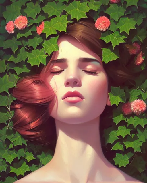 Prompt: stylized portrait of an artistic pose, composition, young lady sleeping sorrounded by nature, ivy's, flowers, one single head, realistic shaded, fine details, realistic shaded lighting poster by ilya kuvshinov, magali villeneuve, artgerm, jeremy lipkin and michael garmash and rob rey