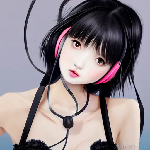 Prompt: realistic detailed semirealism beautiful gorgeous natural cute excited happy Blackpink Lalisa Manoban black hair black cat ears, wearing white camisole outfit, headphones, black leather choker artwork drawn full HD 4K high resolution quality artstyle professional artists WLOP, Aztodio, Taejune Kim, Guweiz, Pixiv, Instagram, Artstation