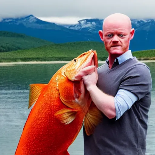 Prompt: max branning and a big fish share a kiss at the lake with mountains in the background