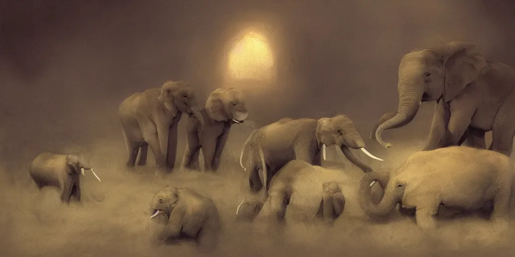 Prompt: two adult elephants comfort a baby elephant, golden hour, savannah, illustration, detailed, smooth, soft, warm, by Adolf Lachman, Shaun Tan, Surrealism