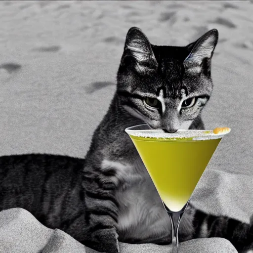Image similar to realistic photo of an anthropomorphic cat chilling out on the beach and drinking a martini