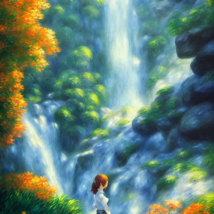 Prompt: an epic makoto shinkai and renoir landscape of a v - shaped waterfall, 🌺, golden hour, ultra smooth, lois van baarle, ilya kuvshinov, unreal engine, blender, trending on artstation, suntur, caleb worcester, highly detailed, photorealism, bloom effect 8 k