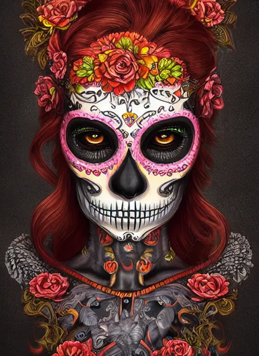 Image similar to portrait of a sugar skull, flaming eyes, intricate, highly detailed, smooth, digital illustration, artstation, the dark and quirky art of scott radke