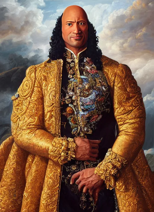 Image similar to beautiful oil painting, portrait of Dwayne the rock Johnson as Louis xiv in coronation robes 1701, Dan Mumford, Dan Mumford, Alex grey, Alex grey, hyacinthe rigaurd, highly detailed, ornate