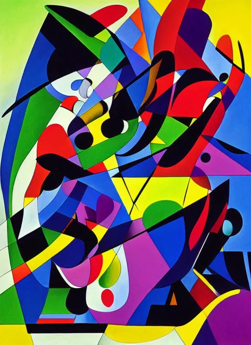 Prompt: A surreal neon painting of Zaha hadid 3d kandinsky dancers made of cubism futuristic picasso sculptures in 3 point perspective by Joan miro and Vladimir kush and dali and kandinsky, 3d, realistic shading, complimentary colors, vivid neon colors, aesthetically pleasing composition, masterpiece, 4k, 8k, ultra realistic, super realistic,