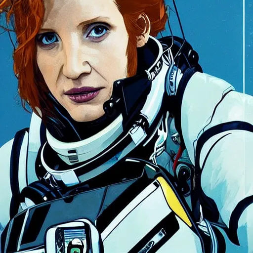 Prompt: portrait of Jessica Chastain as an astronaut character in the style of Death Stranding by Yoji Shinkawa and Ashley Wood