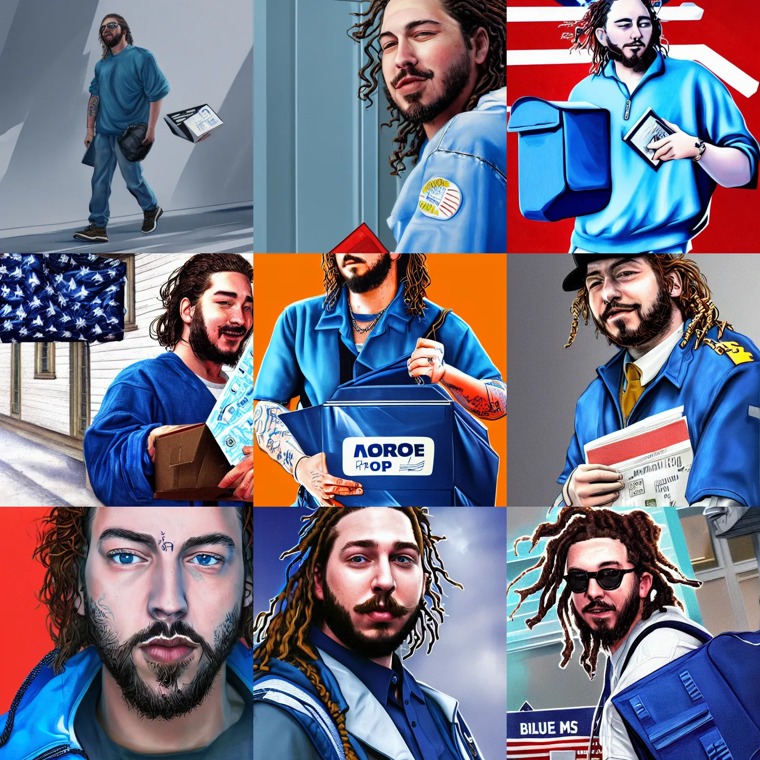 Prompt: a closeup photorealistic illustration of post malone delivering mail as us mail carrier with blue bag. fine detail. this 4 k hd image is trending on artstation, featured on behance, well - rendered, extra crisp, features intricate detail, epic composition and the style of unreal engine.