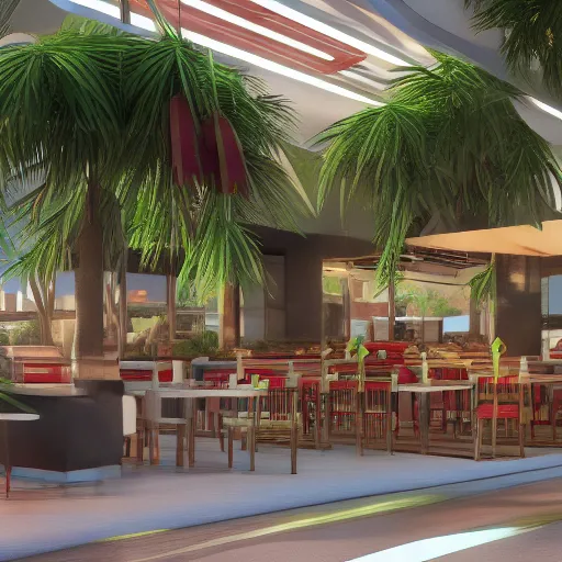 Prompt: fast food restaurant with palm trees, concept art, octane render