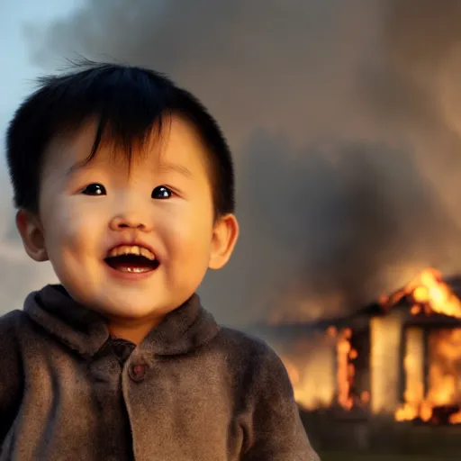 Prompt: evil baby justin sun with mischievous smile in front of burning house, cinematic composition