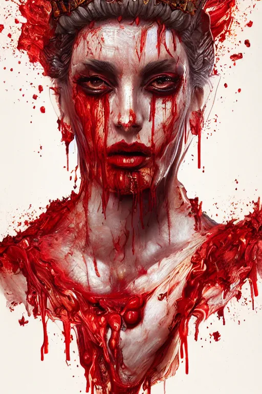 Image similar to Fantasy character portrait of distorted detailed painting of a queen woman made of blood drips, octane render, hyper detailed, red flames, trending on Artstation, 8k resolution, full HD, cinematic lighting, award winning, anatomically correct