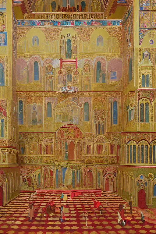 Prompt: scene from wes anderson orthodox cathedral building by helen lundeberg