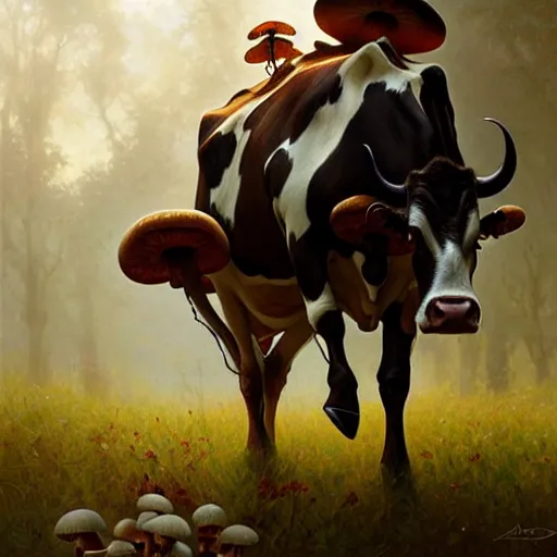 Image similar to long shot photo of a cow with mushrooms growing on its back, highly detailed, digital painting, artstation, smooth, sharp focus, illustration, art by artgerm and greg rutkowski and alphonse mucha