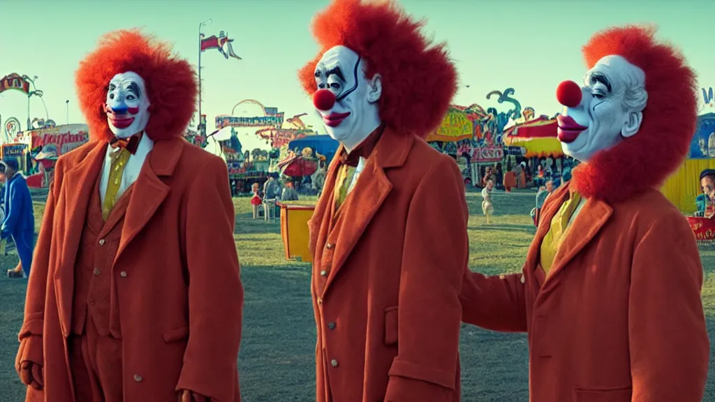 Image similar to the giant clowns at the fair, film still from the movie directed by denis villeneuve and david cronenberg with art direction by salvador dali and dr. seuss