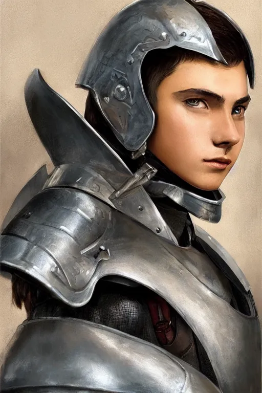 Image similar to a male teenager wearing a silver plate armor, short black hair, artgem style, fancy lighting, complementary colours, face portrait, harmonious, soft colors, digital painting, masterpiece, realistic and detailed face, color painting, realistic, highly detailed, high quality, portait picture, anatomically correct, pixar and disney style, anime style