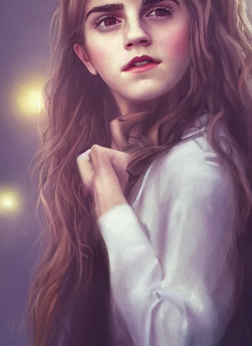 Image similar to portrait of teenage emma watson, long haircut, flowing blonde curly hair, white shirt, red tie, smiling kindly, soviet house at background, 1 9 8 0 s, intricate, elegant, glowing lights, highly detailed, digital painting, artstation, concept art, smooth, sharp focus, illustration, art by wlop, mars ravelo and greg rutkowski