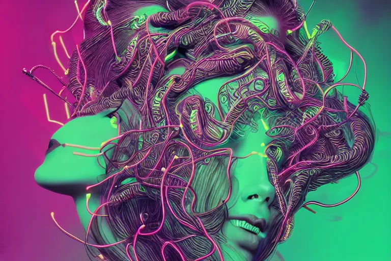 Prompt: photo of surreal medusa gorgo in neon lighting, elegant, highly detailed, smooth, sharp focus, trippy, dmt, psychedelic, illustration, beautiful, geometric, trending on artstation, cinematic, artwork by WLOP