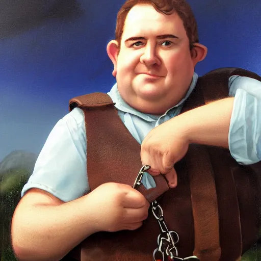 Prompt: close up headshot of a frowning clean shaven pudgy British lad with short curly dark brown hair as a hobbit wearing a white men's crossbody sling chest bag and blue vest, blue vest!! white crossbody chestbag!! high resolution film still, painting by Gerald Brom