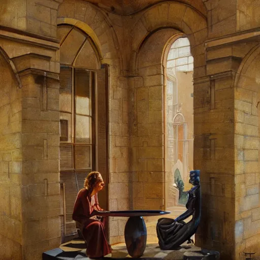 Prompt: detailed face of an intelligent scholarly woman with kind eyes in a architectonic capital courtyard at a science expo, atmospheric, ambient, pj crook, syd mead, livia prima, artgerm, greg rutkowski, nick alm, casey baugh