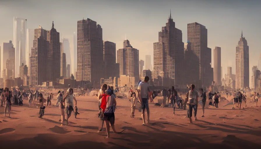 Image similar to new york city under tons of sans, sand dunes, people walking, heat wave, hyperdetailed, artstation, cgsociety, 8 k