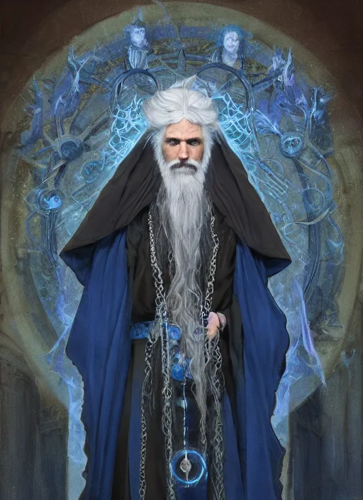 Prompt: medium - length portrait of a male wizard wreathed in arcane sigils with long white hair and glowing blue eyes, long white beard, dark brown skin, stern expression, wears a long robe, medieval setting, dramatic pose, highly detailed, digital painting, artstation, concept art, sharp focus, illustration, art by greg rutkowski and alphonse mucha