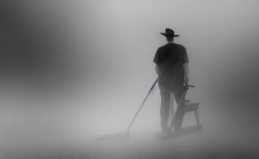 Image similar to a photographic portrait by Annie Leibovitz of man using a pallet jack, closeup, foggy, sepia, moody, dream-like, sigma 85mm f/1.4, 15mm, 35mm, 4k, high resolution, 4k, 8k, hd, full color