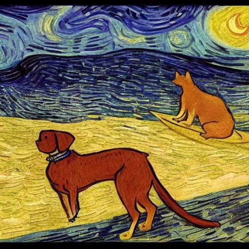 Prompt: dog and a cat surfing the sea during twilight in van gogh style