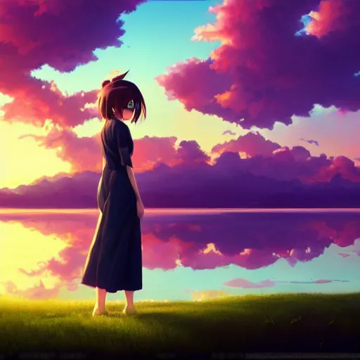 Prompt: an painting of anime girl standing on the lake with cumulus clouds under the sunset, by rhads and makoto shinkai, ultra hd anime wallpaper, pixiv style, digital art, 4 k, suoer wide angle, untra wide shot