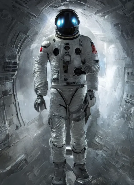 Image similar to concept art by craig mullins infrared complex and hyperdetailed technical astronaut suit in futuristic dark and empty spaceship underwater. reflection and dispersion materials. rays and dispersion of light. volumetric light. 5 0 mm, f / 3 2. noise film photo. flash photography. unreal engine 4, octane render. interstellar movie art