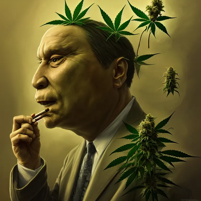 Image similar to a portrait of evil cannabis plant smoking premier francois legault illustrated by miyazaki by karol bak, james jean, tom bagshaw, rococo, sharp focus, trending on artstation, cinematic lighting, hyper realism, octane render, 8 k, hyper detailed, vivid, ultra detailed, highly detailed