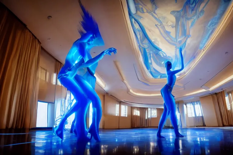 Image similar to vfx movie scene beautiful blue skin alien woman dancing in sleek futuristic decadent spaceship ballroom. giant windows view of earth obit. by emmanuel lubezki