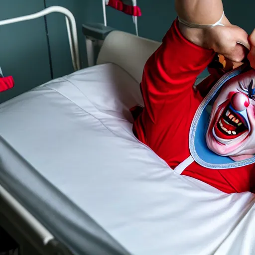 Image similar to confused laughing clown lying in hospital bed with wrist restraints on, restraint fabric straps attached to hospital bed, photograph, 8 k