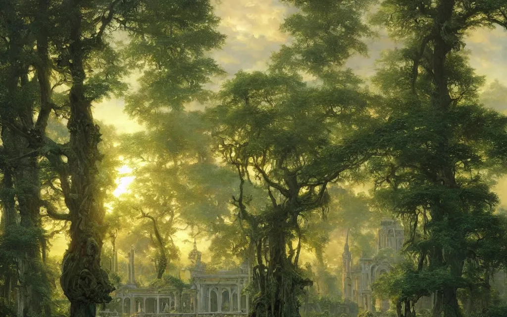 Prompt: a detailed oil painting of an intricate, ornate palace made of green, polished semiprecious malachite marble and jade, hyper detailed, hd, artstation, beautiful sunrise lighting, forest setting, by john williams waterhouse, thomas kincade, michael whelan and donato giancola