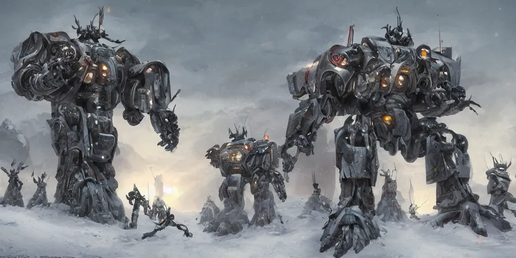 Image similar to a giant mechanical robot with crab feet full of battle armor and weapon in the snow along with marching army going to battle, scifi, style by dylan cole, digital art, matte painting, artstation, concept art