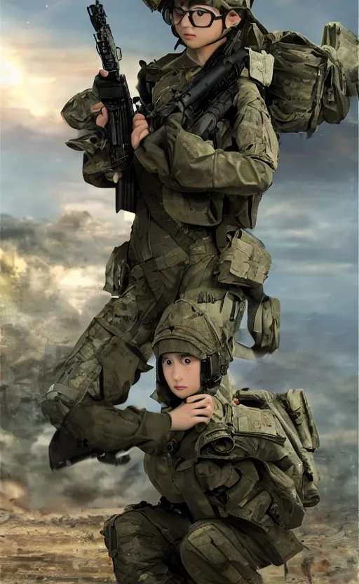 Prompt: girl, trading card front, future soldier clothing, future combat gear, realistic anatomy, war photo, professional, by ufotable anime studio, green screen, volumetric lights, stunning, military camp in the background, metal hard surfaces, real face, small and round reading glasses, strafing attack plane