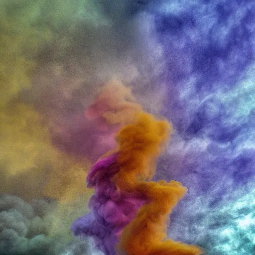 Prompt: multi color smoke, one smoke is reminiscent of a dragon's head and outstretched ribbed wings, billowy, hdr, 8 k, 4 k