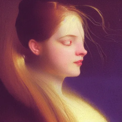 Image similar to a young woman's face, her hair is golden white and she wears an cobalt blue satin cloak, by ivan aivazovsky and syd mead and moebius and gaston bussiere and roger dean and pieter claesz and paul delaroche and alma tadema and aelbert cuyp and willem claesz, hyperrealistic, volumetric light, octane render