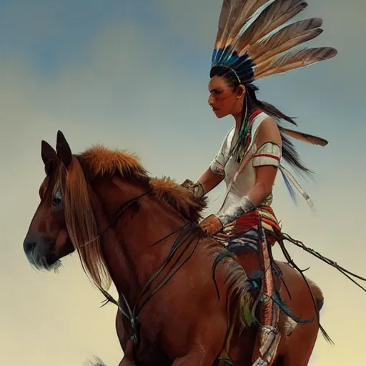 Prompt: native American on a horse during hunt, highly detailed, digital painting, cgsociety , concept art, sharp focus, illustration, art by artgerm and greg rutkowski and alphonse mucha