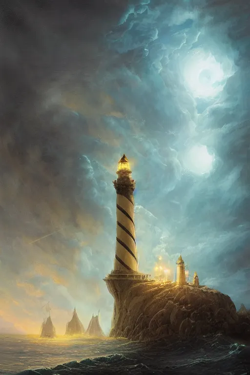 Prompt: Detailed Exterior Shot of Fantasy Stormy Lighthouse of Alexandria, green light, moonlight shafts, flock of birds, epic atmosphere, in Style of Peter Mohrbacher, cinematic lighting