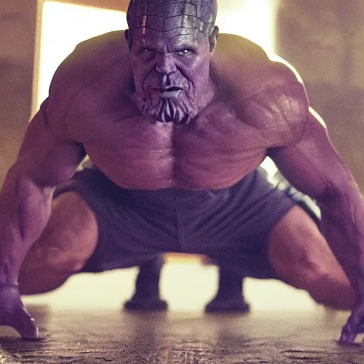 Image similar to thanos doing push - ups in someones basement, taken with an iphone,