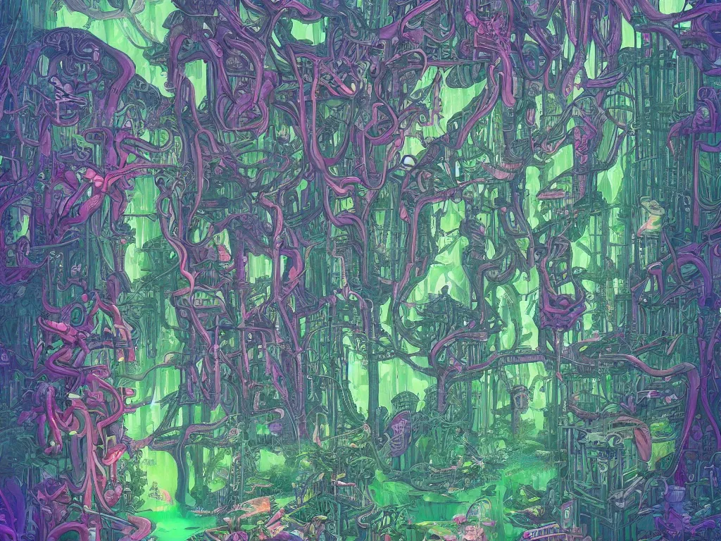 Prompt: forests and glades made of industrial raves on buildings on ice devices on mice in the style of lisa frank and moebius and giger and kubrick, ornate, beautiful, award-winning art, artstation