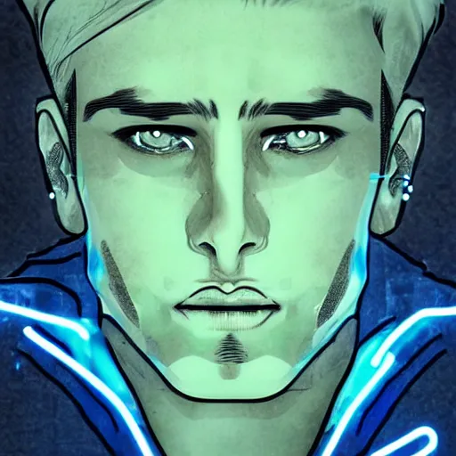 Image similar to man portrait made out of ice, beautiful, cyborg, comic book art, blond hair, neon, highly detailed